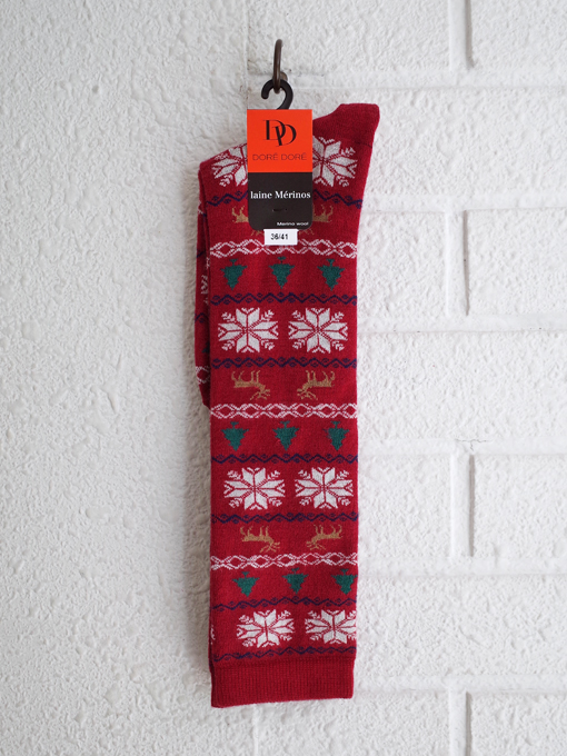 DORE DORE　クリスマスギリシャ柄ハイソックス　Long women's socks in Christmas Greek patterned wool