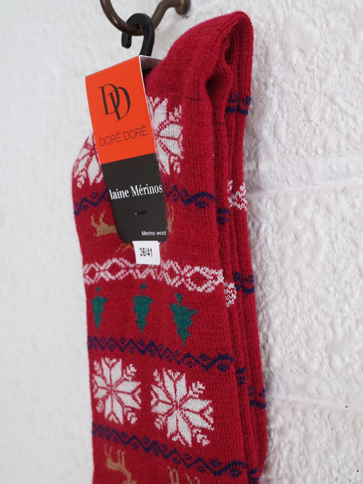 DORE DORE　クリスマスギリシャ柄ハイソックス　Long women's socks in Christmas Greek patterned wool