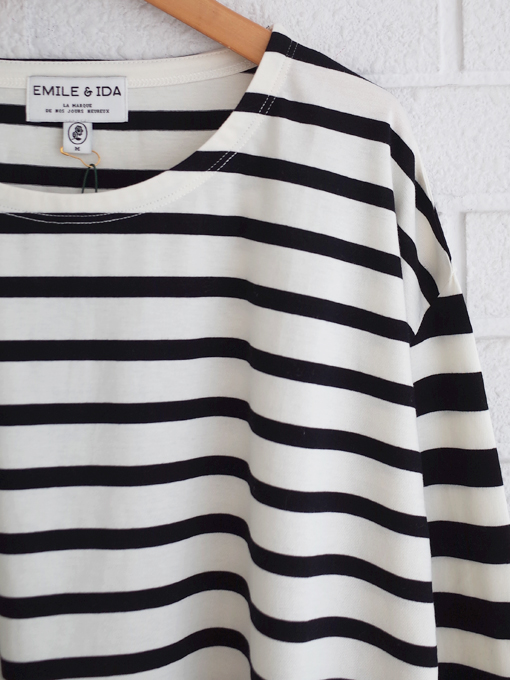 フランスブランド emile et ida woman エミールエイダ CYBELE Ecru and black organic cotton sailor t-shirt ボーダー長袖Tシャツ