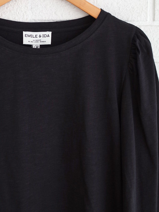 フランスブランド　emile et ida woman 　エミールエイダ　CAYDA　Black long-sleeved organic cotton T-shirt　パフスリーブ長袖Tシャツ