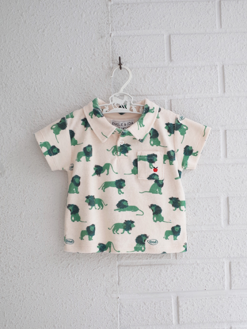 emile et ida kids　エミルーエイダ　Ecru lions terry polo shirt　ライオン柄パイルポロシャツ