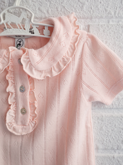 emile et ida kids エミールエイダ　Pink pointelle modal polo PASTEL　針抜きフリルポロシャツ