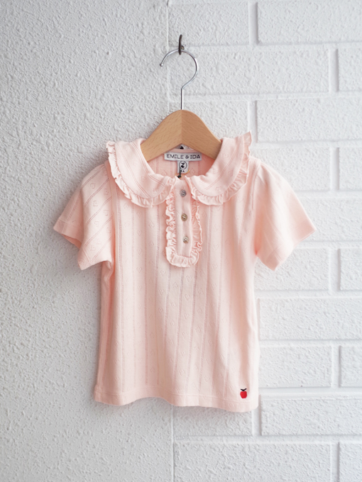 emile et ida kids エミールエイダ　Pink pointelle modal polo PASTEL　針抜きフリルポロシャツ