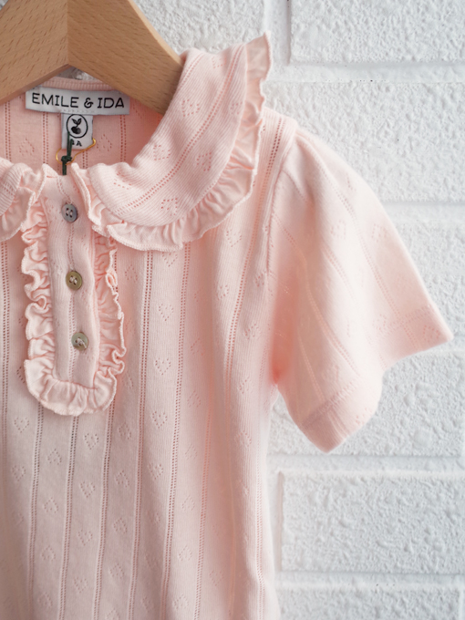 emile et ida kids エミールエイダ　Pink pointelle modal polo PASTEL　針抜きフリルポロシャツ