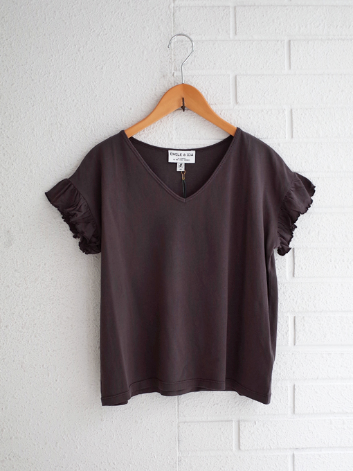 emile et ida woman エミールエイダ Asphalt organic cotton ruffled V-neck T-shirt オーガニックVネックTシャツ
