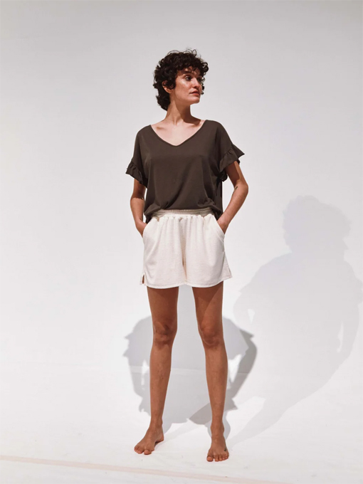 emile et ida woman エミールエイダ Asphalt organic cotton ruffled V-neck T-shirt オーガニックVネックTシャツ